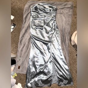 dusty blue strapless bridesmaid dress